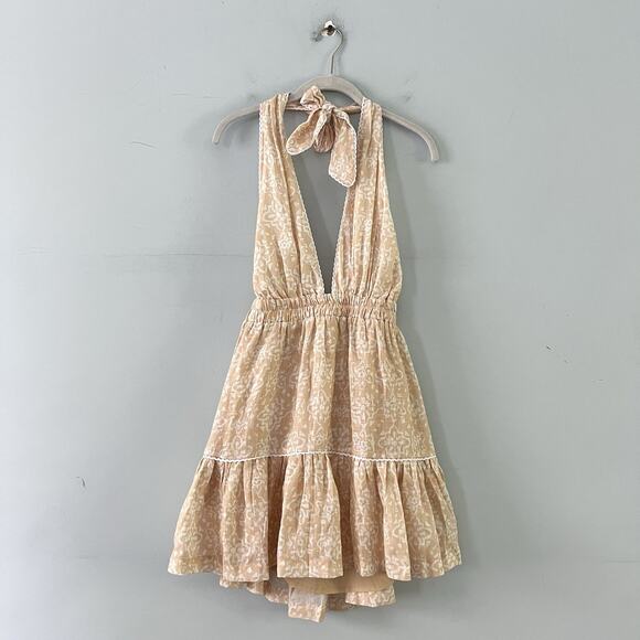 NWT Mon Renn Havana Crochet Print Tan Linen Halter Mini Dress - Picture 1 of 5